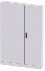 Grauer, zweitüriger Stahlschrank, geschlossen.