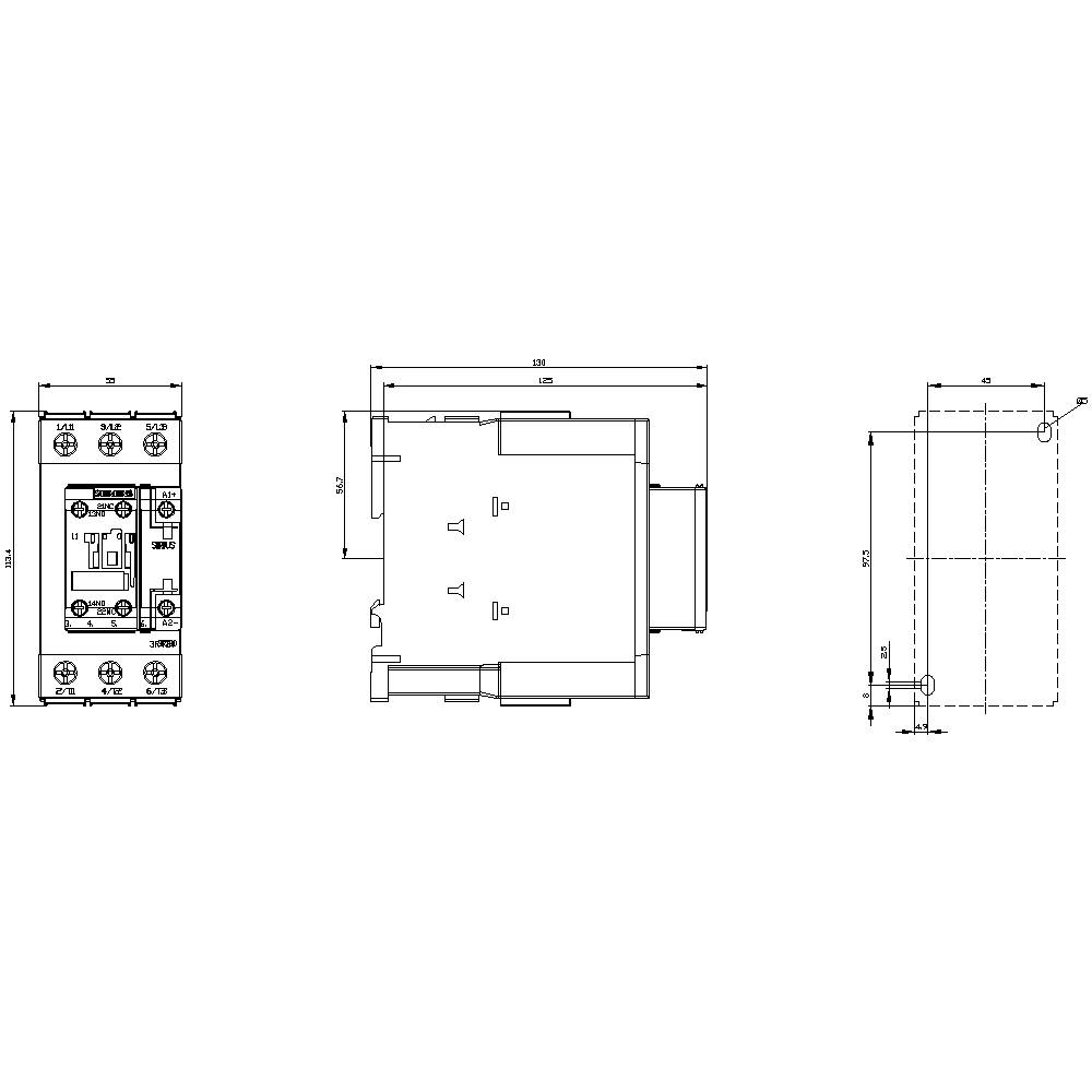 Technische Zeichnung eines elektrischen Bauteils mit Maßen in Millimetern. Zeigt Frontansicht, Seitenansicht und Draufsicht.