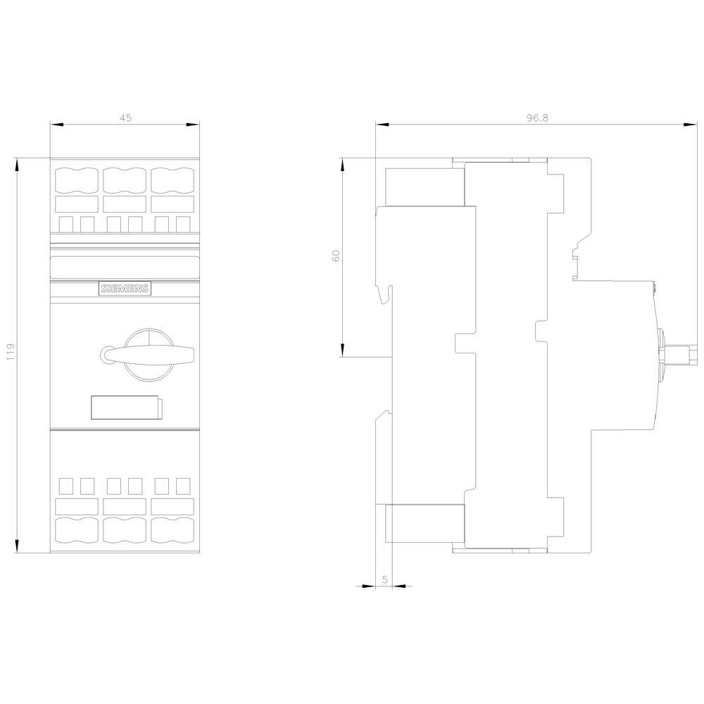 Technische Zeichnung eines Gerätes mit Vorder- und Seitenansicht. Abmessungen: 119 x 45 x 96,8 mm. Zeigt Schalter und Anschlüsse.