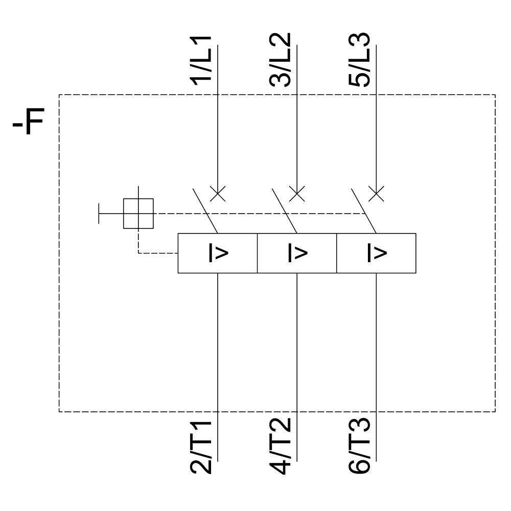 Schaltplan mit drei Sicherungen und Verbindungen, nummeriert als 1/L1, 3/L2, 5/L3 und 2/T1, 4/T2, 6/T3.geordnet von links nach rechts.