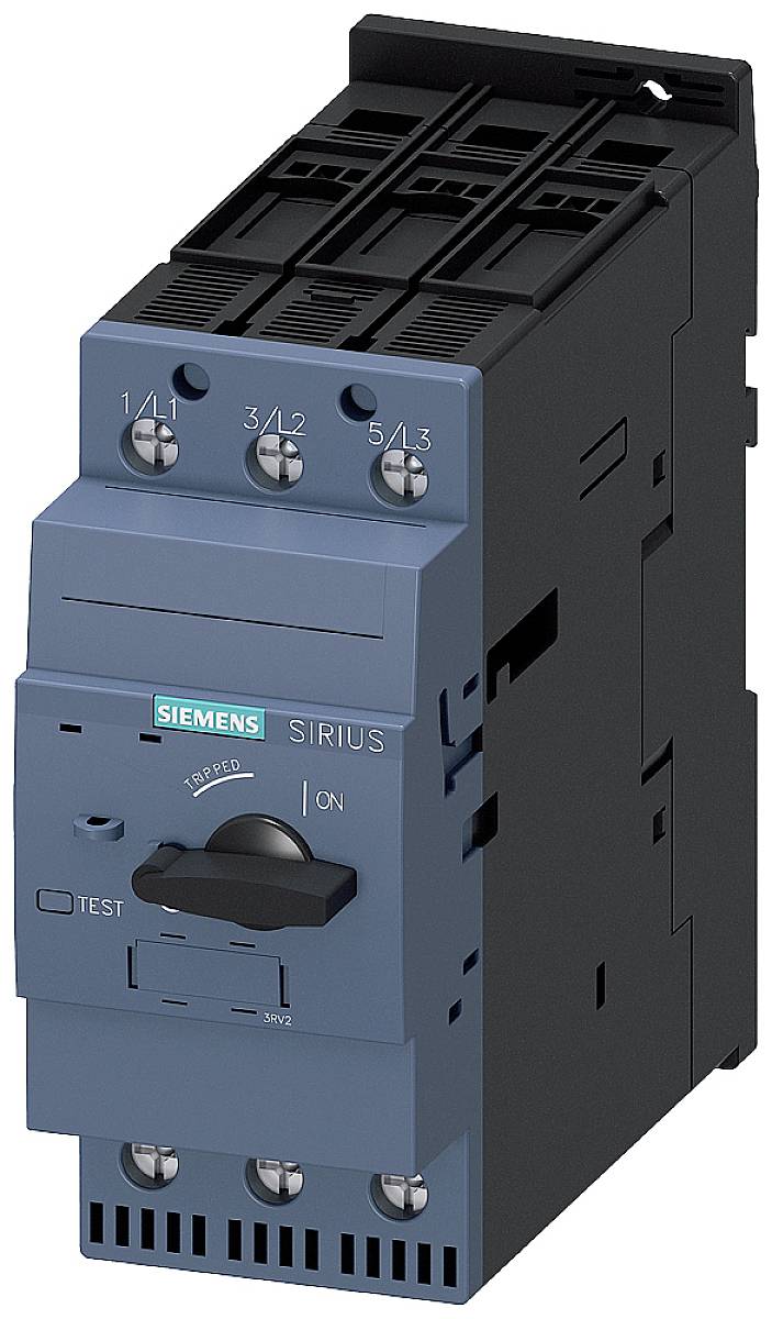Ein elektrisch-mechanisches Gerät, ein Siemens Sirius Schalter, in einem schwarzen und grauen Gehäuse mit Beschriftungen und Schalter.