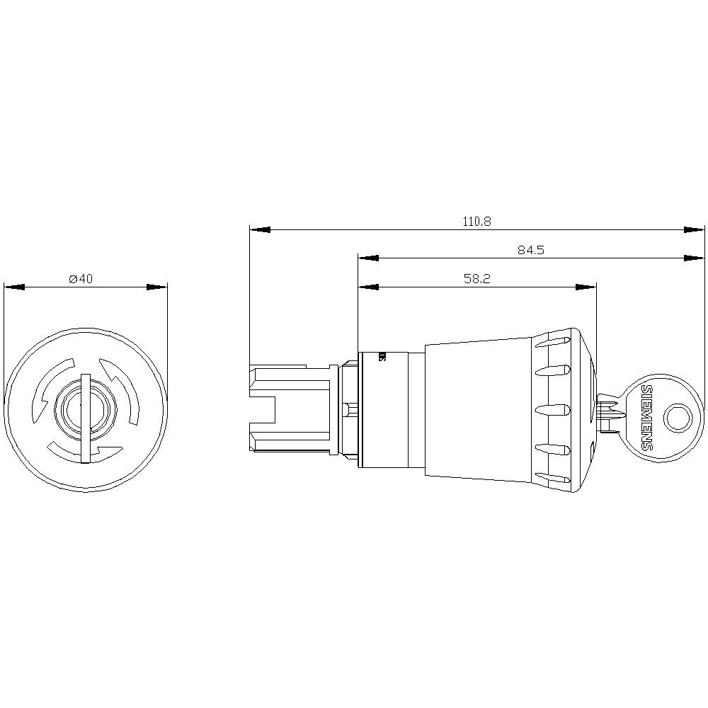 Schaltzylinder-Technische Zeichnung mit Maßen: Gesamtbreite 110,8 mm, Schlüssel-Einsatzlänge 58,2 mm, Zylinderdurchmesser 40 mm.
