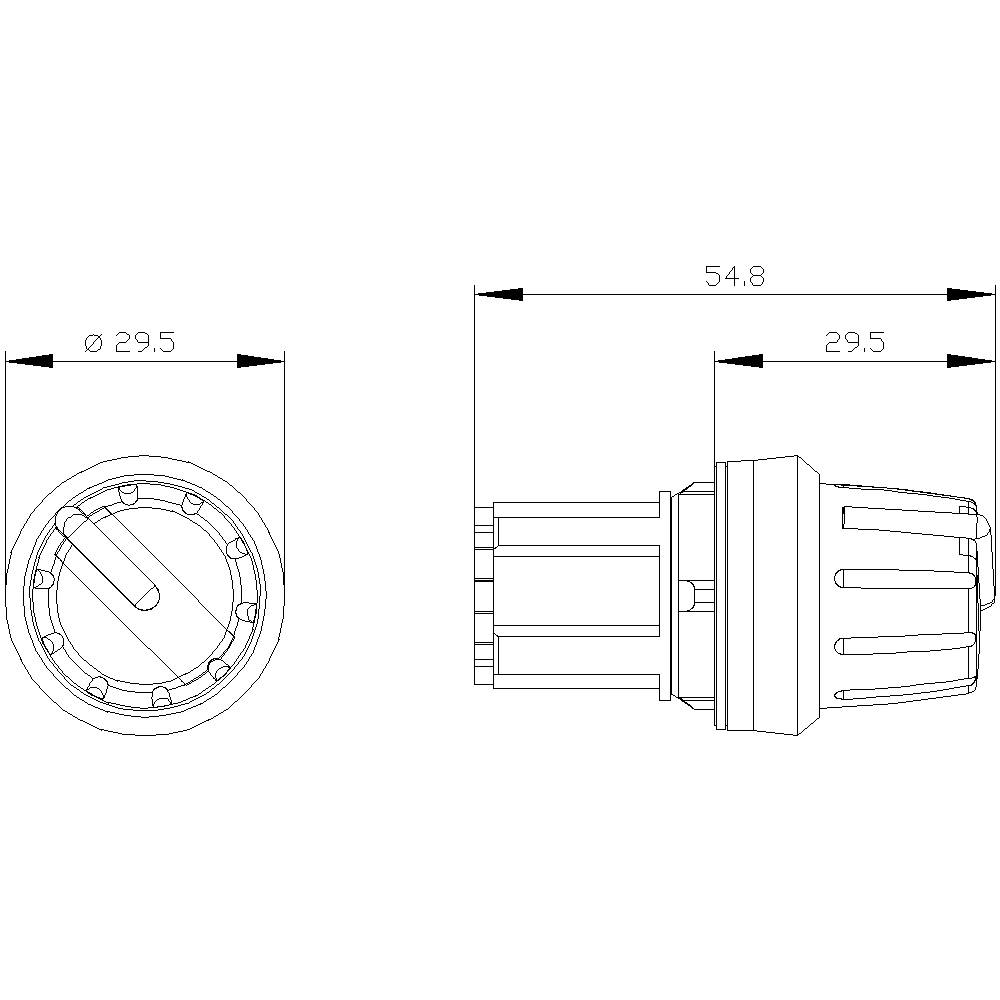 Technische Zeichnung eines runden Steckverbinders. Seiten- und Draufsicht mit Abmessungen: Durchmesser 29,5 mm und Länge 54,8 mm.
