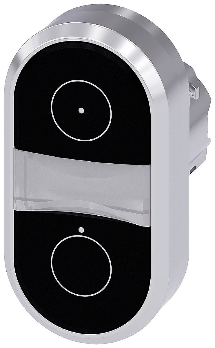 Schwarzer, ovaler zweifacher Drucktaster mit silbernem Rand und zwei kleinen Kreisen in der Mitte jedes Tasterfeldes.