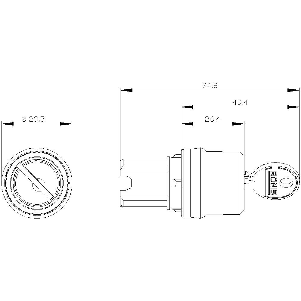 Technische Zeichnung eines runden Schlosses mit Schlüssel. Die Abmessungen sind: Durchmesser 29,5 mm, Länge 74,8 mm.