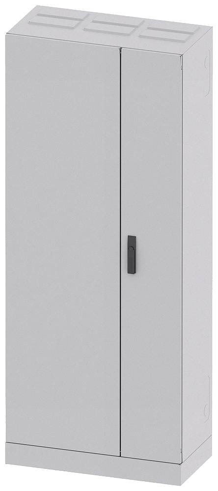 Grauer, stehender Metallschrank mit zwei Türen und schwarzem Griff. Schrank hat eine schlichte, funktionale Gestaltung für Aufbewahrung.