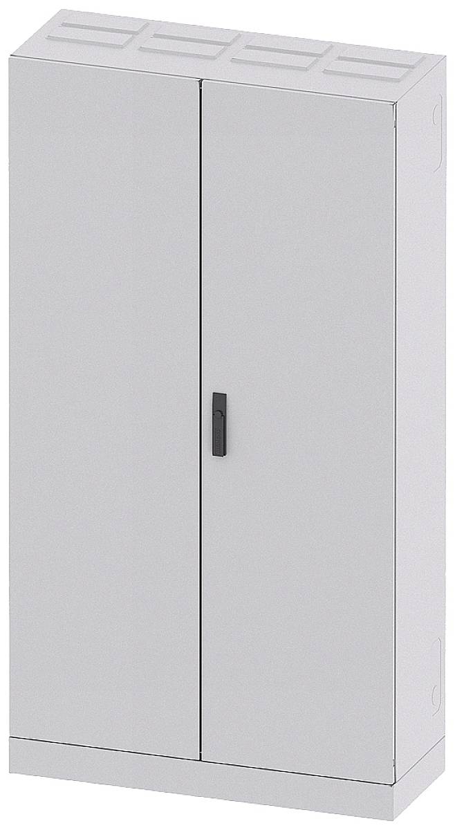 Ein grauer, hoher Metallschrank mit zwei Türen und einem schwarzen Griff steht vor einem neutralen Hintergrund.