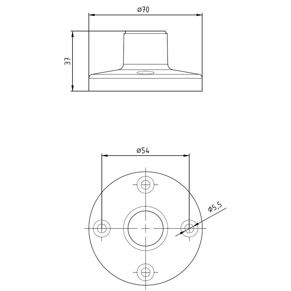 Technische Zeichnung eines runden Metallstücks mit den Maßen: oberer Durchmesser 70 mm, Höhe 37 mm, unterer Durchmesser 54 mm, Lochdurchmesser 5,5 mm.