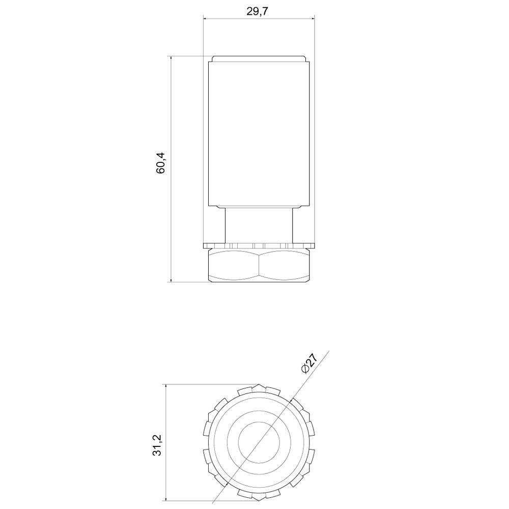 Technische Zeichnung eines zylindrischen Bauteils mit Abmessungen: Höhe 60,4 mm, Breite 29,7 mm, Durchmesser 27 mm.