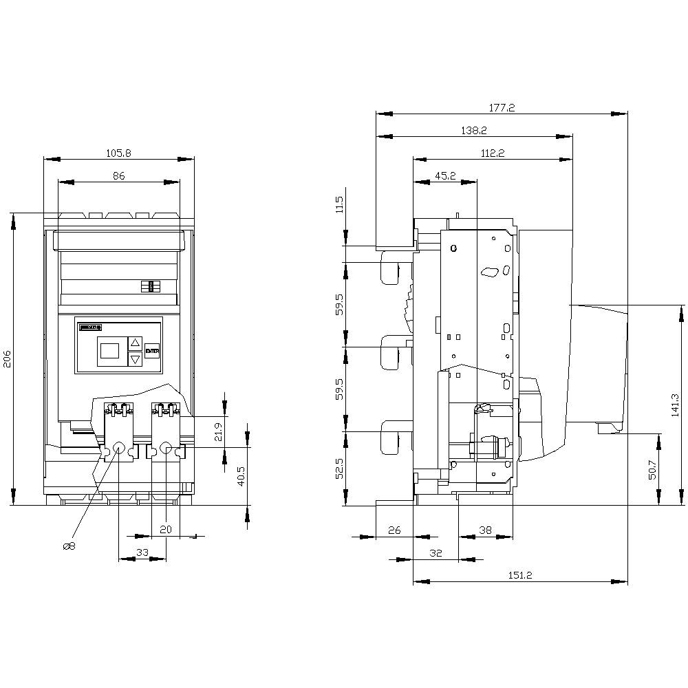 Technische Zeichnung eines Geräts mit detaillierten Maßen in mm. Vorder- und Seitenansicht zeigen Höhen, Breiten und Tiefenmarkierungen.