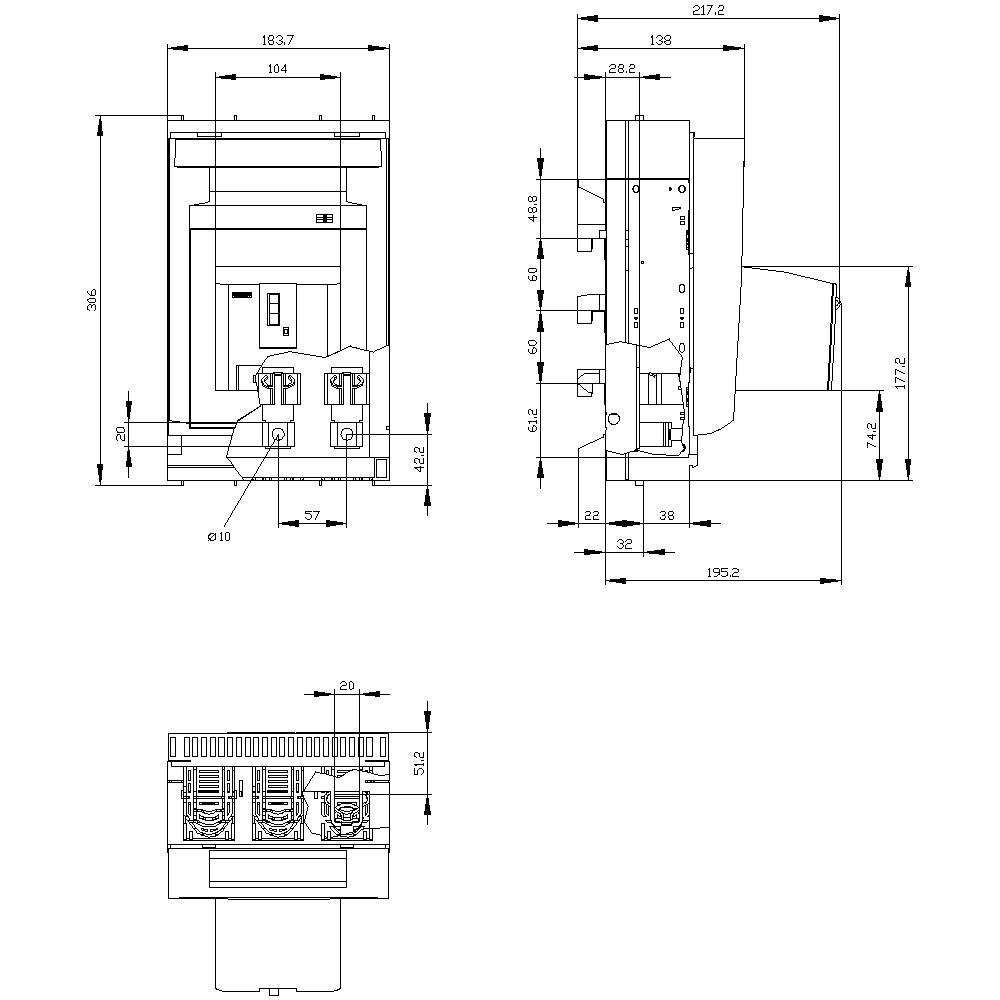 Technische Zeichnung eines elektrischen Schalters mit Front-, Seiten- und Draufsicht. Maße und Details sind angegeben.