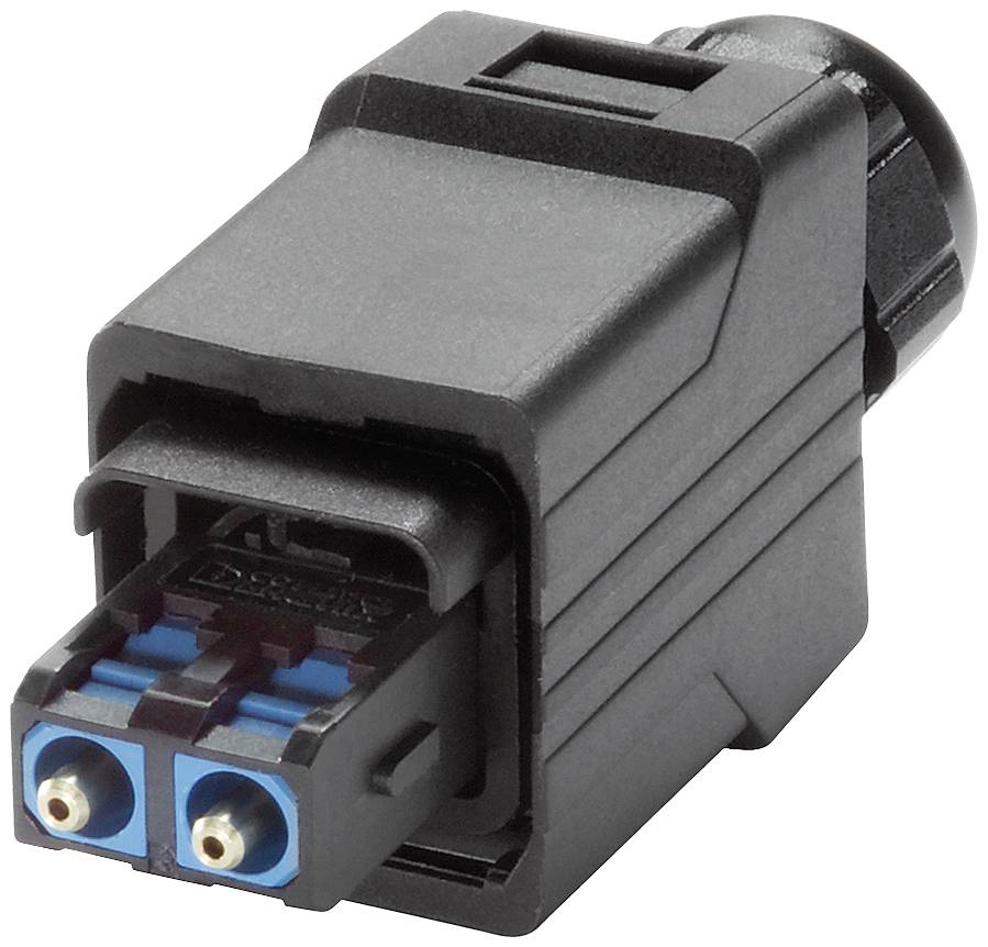 Ein schwarzer Glasfaserstecker mit zwei blauen Anschlüssen, verwendet zur Datenübertragung in Netzwerken.