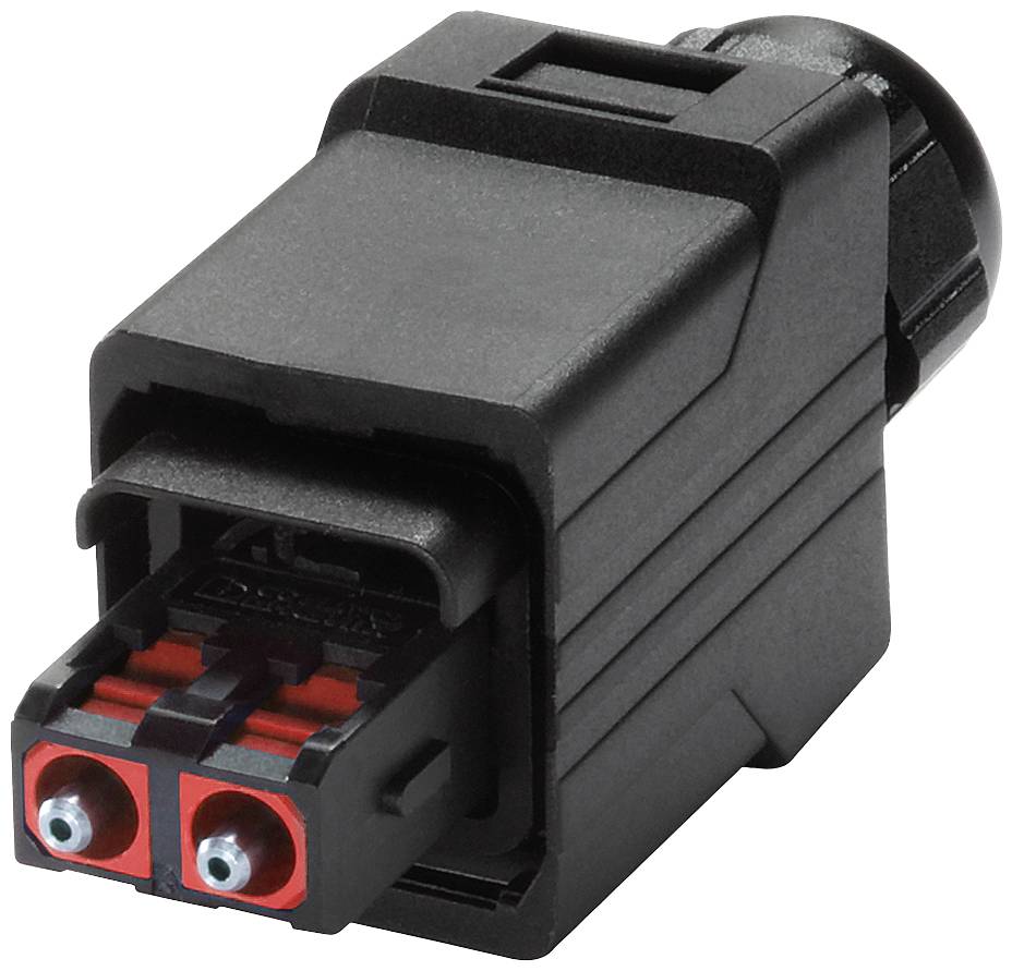 Schwarzer Steckverbinder mit rotem und schwarzem Innenkontakt, rechteckige Form, geeignet für elektrische Verbindungen in Geräten.