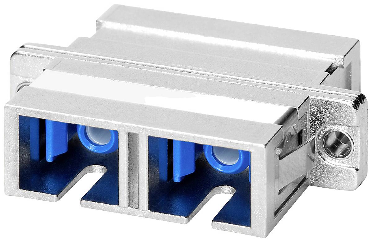 Ein rechteckiger, silberner Metalladapter mit zwei blauen Anschlüssen, geeignet für Glasfaserkabelverbindungen.