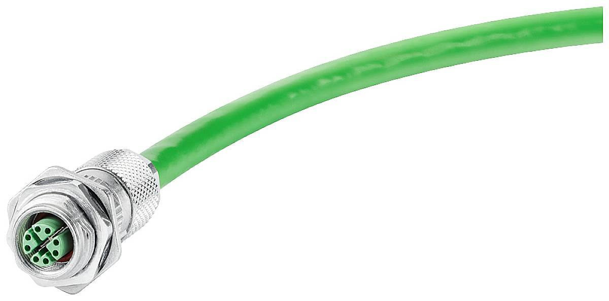 Grünes Ethernet-Kabel mit Metallanschluss, Ansicht der Buchsenseite.