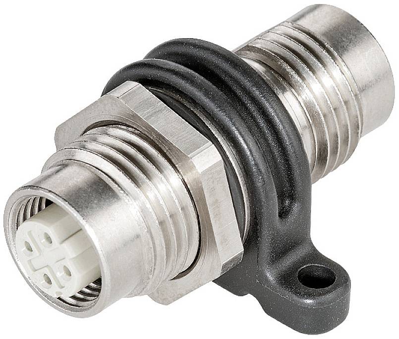 Metallischer Steckverbinder mit schwarzem Gummiring und einer Halteklammer. Geeignet für industrielle Anwendungen.