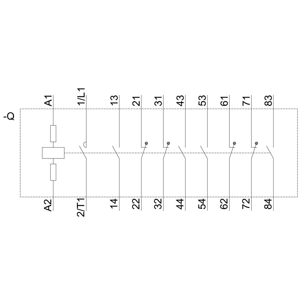 Schaltplan eines elektrischen Stromkreises mit zwei Schaltern (A1, A2) und acht numerierten Kontakten (13 bis 83) entlang einer Leitung.
