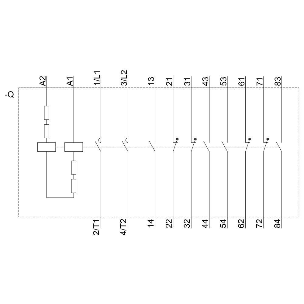 Schaltplan-Diagramm. Zeigt Verbindung von Komponenten mit Beschriftungen: A1, A2, 1L1, 3L2, 2T1, 4T2. Linien verbinden verschiedene Punkte.