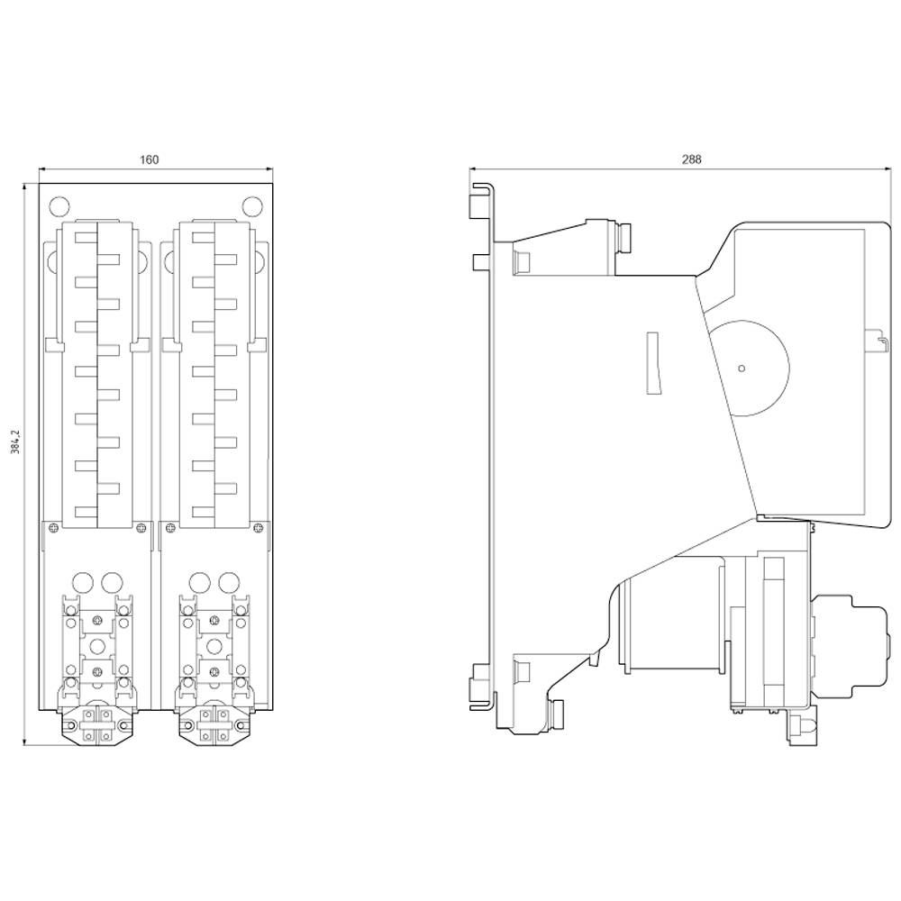 Technische Zeichnung eines elektrischen Verteilers. Die Vorder- und Seitenansicht zeigen Abmessungen von 160x364 mm und 288 mm Tiefe.