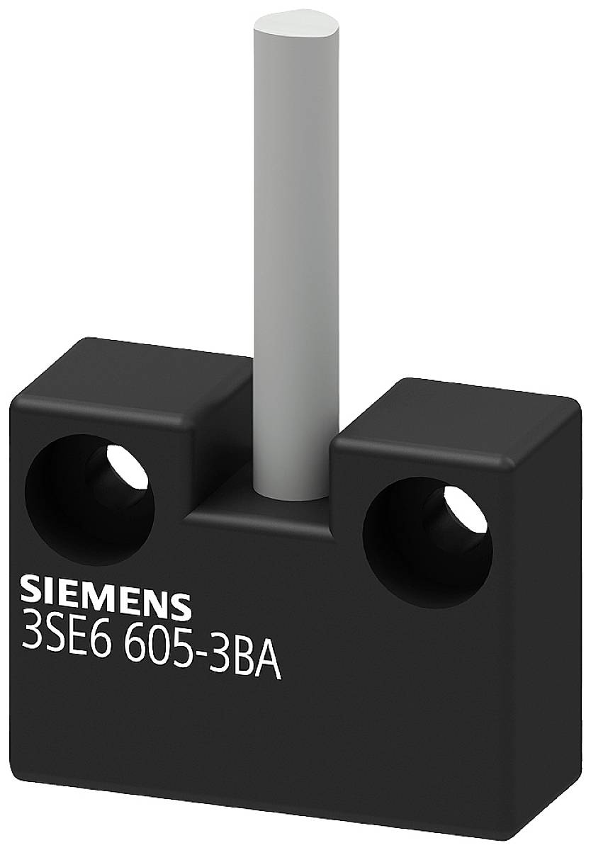 Ein blockförmiger, schwarzer Schalter mit vertikalem Stab und zwei Befestigungslöchern. Aufdruck: 'SIEMENS 3SE6 605-3BA'.