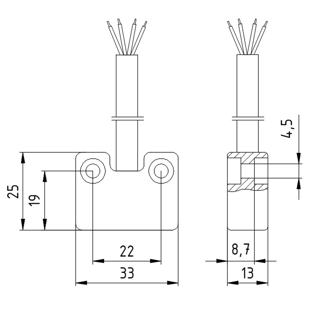Technische Zeichnung eines elektrischen Bauteils mit Maßen: Gesamtbreite 33 mm, Höhe 25 mm, Kontaktbereich 22 mm, Tiefe 8,7 mm.