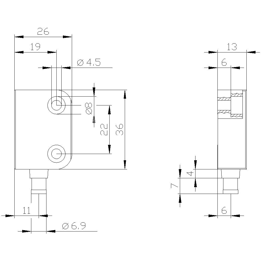 Technische Zeichnung eines mechanischen Bauteils mit Maßen: Gesamtlänge 36 mm, Breite 26 mm, Bohrungsdurchmesser 4,5 mm, 2 Lagen sichtbar.