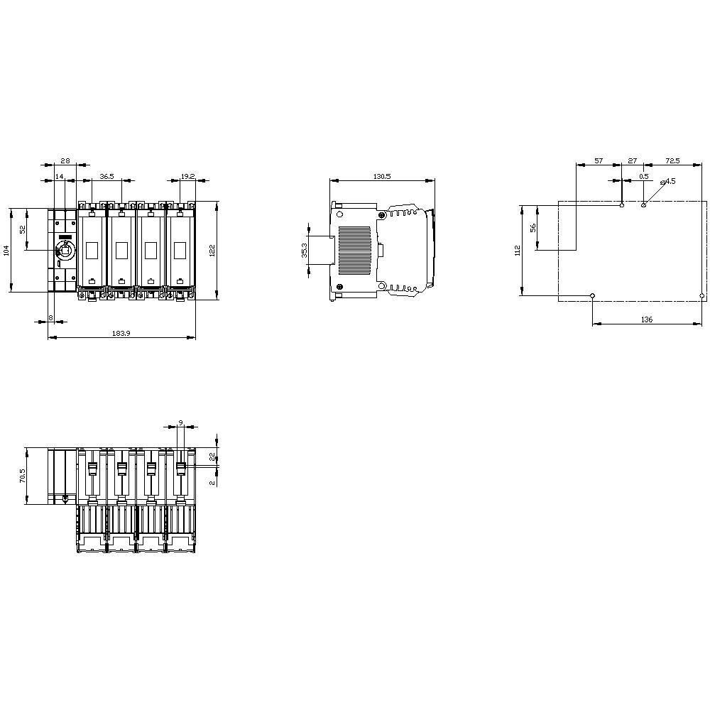 Technische Zeichnung eines elektrischen Schaltgeräts mit Abmessungen und verschiedenen Ansichten zur Montage und Integration.