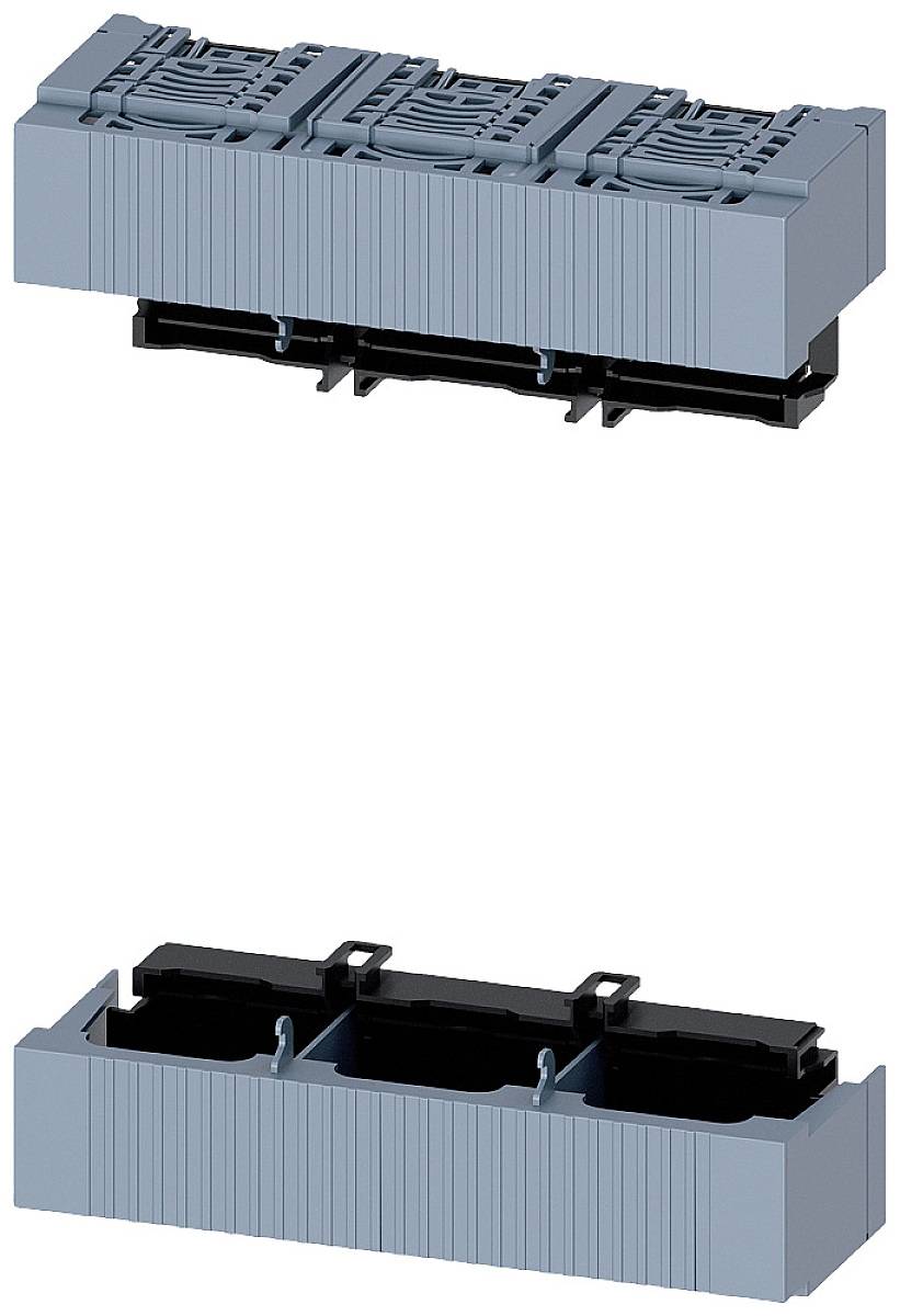 Zwei Steckverbinder-Gehäuse in Grau, oben mit vier segmentierten Abschnitten, unten mit drei offenen Fächern für Verdrahtungen.