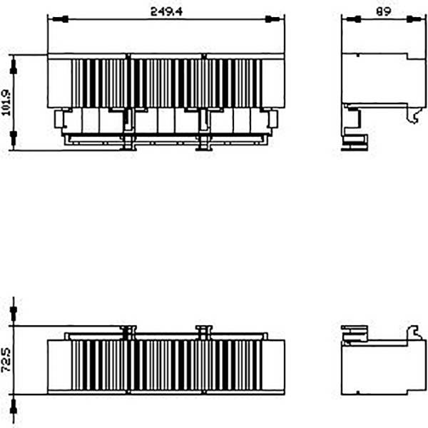 Technische Zeichnung eines rechteckigen Kühlkörpers mit den Maßen 249,4 x 101,9 x 89 mm und detaillierten Ansichten von oben, vorne und der Seite.