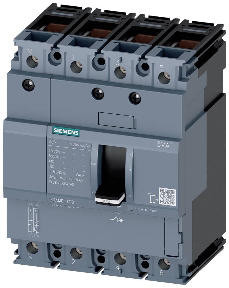 Blauer Siemens 3VA1 Leistungsschalter, vierpolig. Beschriftet mit technischen Spezifikationen wie Strom und Spannung. Verwendung zur elektrischen Absicherung.