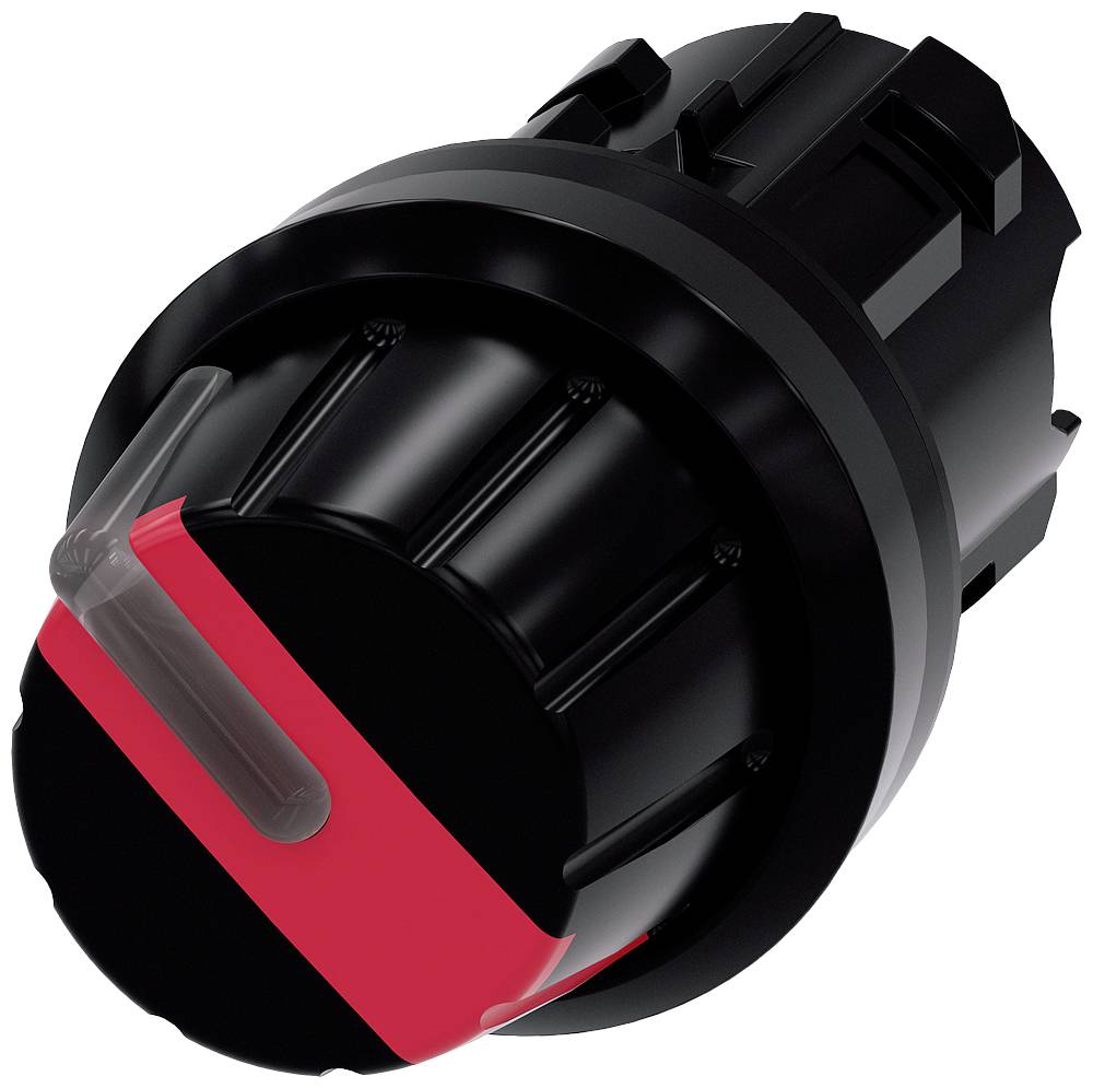 Schwarzer Drehknopf mit rotem markiertem Streifen, wahrscheinlich zur Bedienung eines Geräts oder einer Maschine.