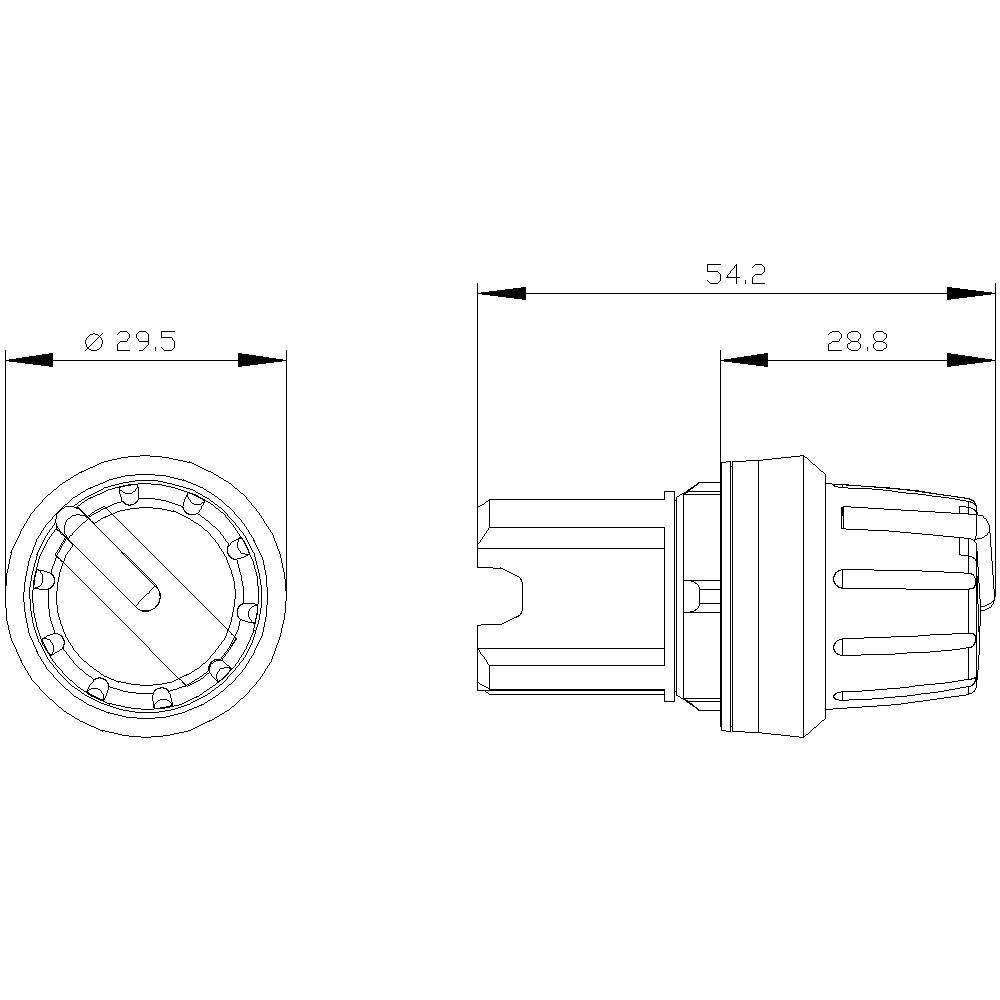 Technische Zeichnung eines zylindrischen Bauteils mit Anschluss. Maße: Durchmesser 29,5 mm, Länge 54,2 mm, Schnitt 28,8 mm.