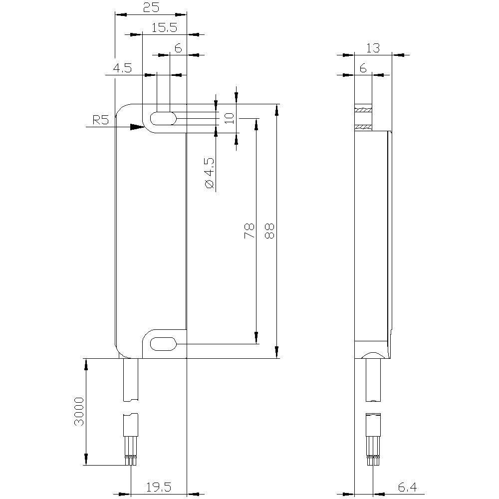 Technische Zeichnung eines Bauteils, Vorder- und Seitenansicht. Enthält genaue Maße wie Höhe 88 mm, Breite 25 mm und Bohrung Ø4,5 mm.