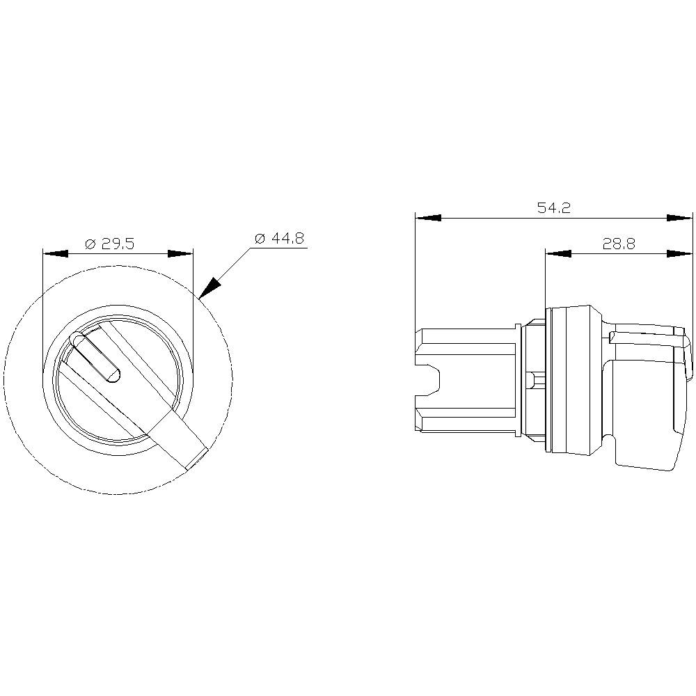Technische Zeichnung eines zylindrischen Objekts mit Abmessungen: Vorderansicht Durchmesser 44,8 mm, Seitenansicht Länge 54,2 mm.