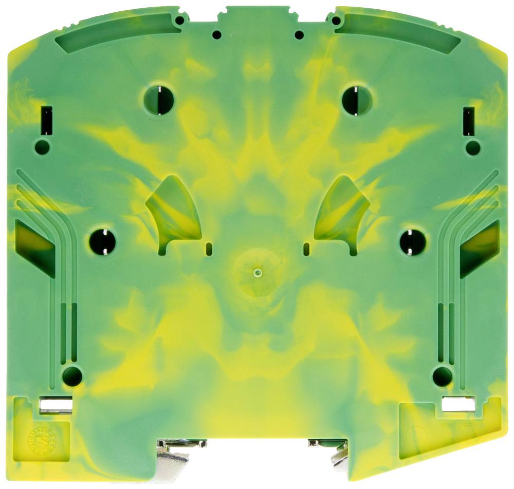 Ein grünes und gelbes Kunststoffgehäuse mit vier Löchern und zwei Einkerbungen. Möglicherweise ein Gehäuse für ein elektronisches Gerät.