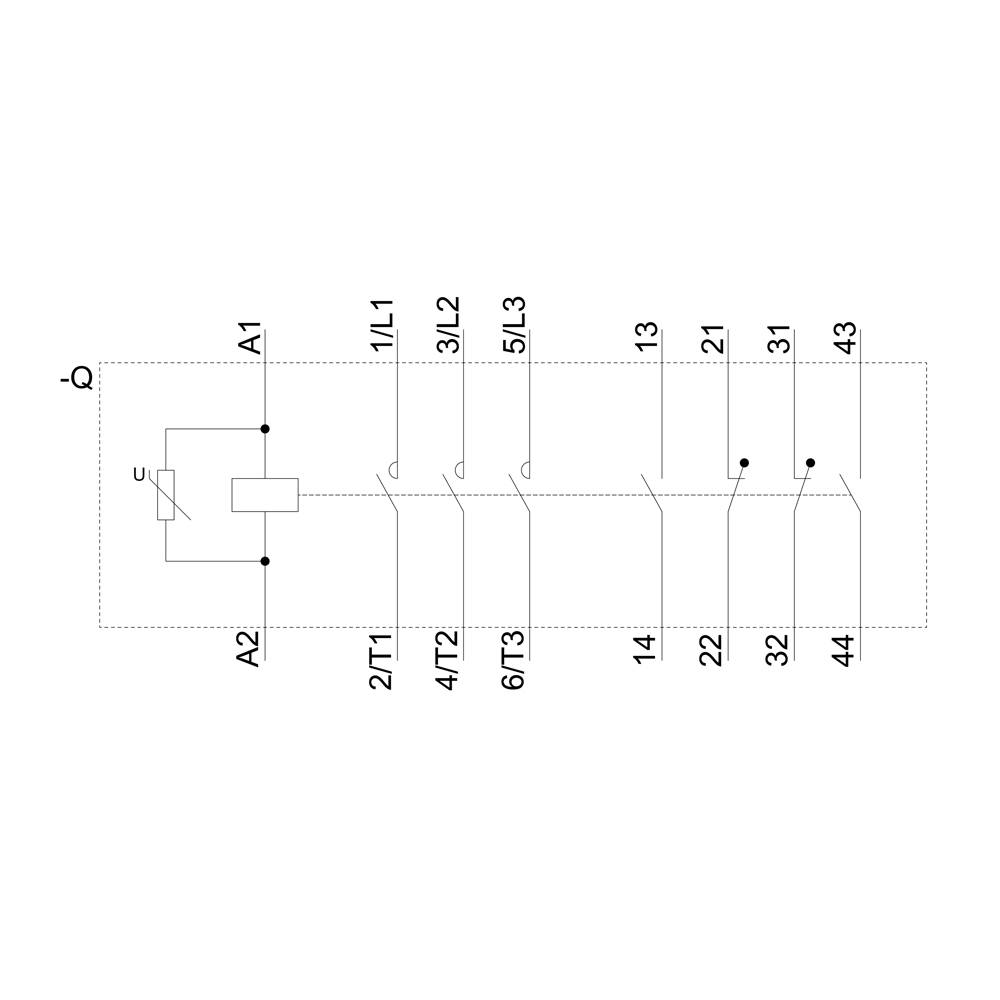 Schaltplan eines elektrotechnischen Relais mit Anschlusspunkten A1, A2, 1L1, 3L2, 5L3, 1/T1, 3/T2, 5/T3, und weiteren Verbindungen.