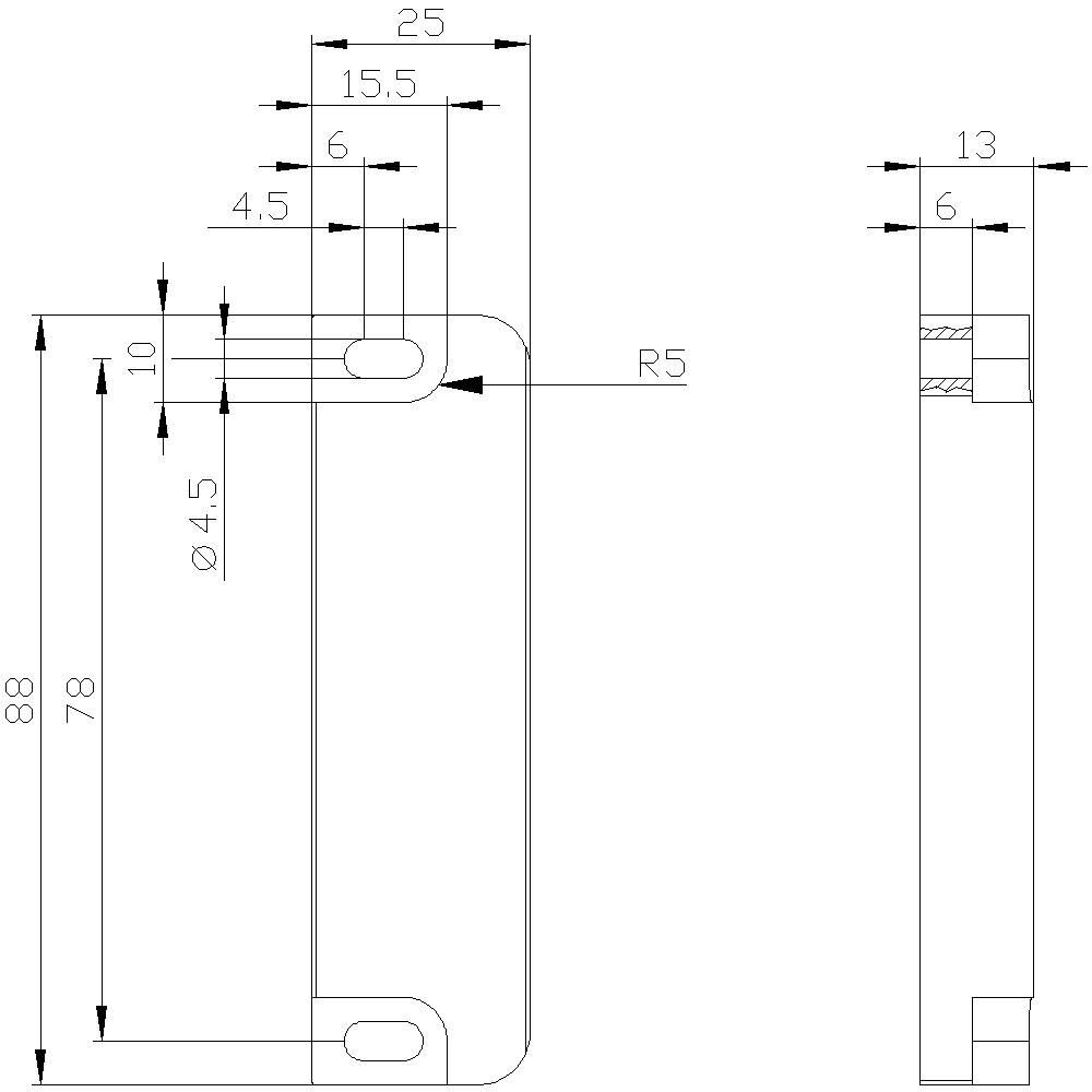 Technische Zeichnung eines Metallteils mit Abmessungen: Höhe 88 mm, Breite 25 mm. Lochdurchmesser 4,5 mm, Radius 5 mm, Dicke 6 mm.
