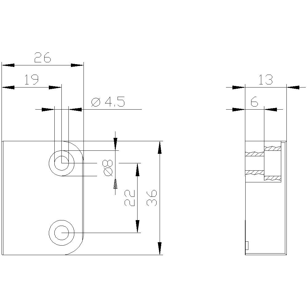 Technische Zeichnung eines Bauteils mit Bemaßungen. Vorderansicht zeigt 26 mm Breite, Seitenansicht zeigt 13 mm Tiefe. Bohrungen Ø 4,5 mm und Ø 8 mm.