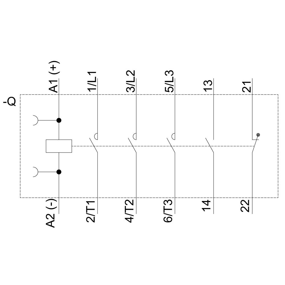 Schaltplan mit sechs Leitungen und Schaltkontakten. Leitung A1 positiv, A2 negativ. Anschlüsse: 1/L1, 2/T1, 3/L2, 4/T2, 5/L3, 6/T3.