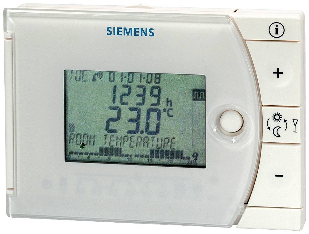 Ein Raumthermostat mit Display zeigt '1239' und '23,0 °C'. Tasten für Einstellungen und Informationen sind rechts sichtbar.