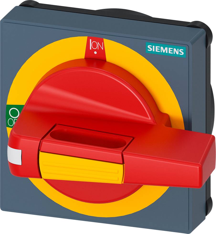 Roter, quadratischer Haupschalter von Siemens mit gelbem und grünem On-/Off-Symbol. Er ist auf eine dunkle quadratische Platte montiert.