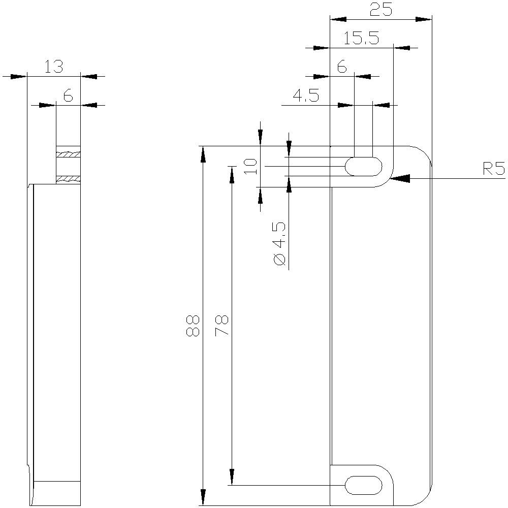 Konstruktionszeichnung eines rechteckigen Metallstücks mit abgerundeten Ecken. Maße: Länge 88 mm, Breite 25 mm, Löcher ø4.5 mm.