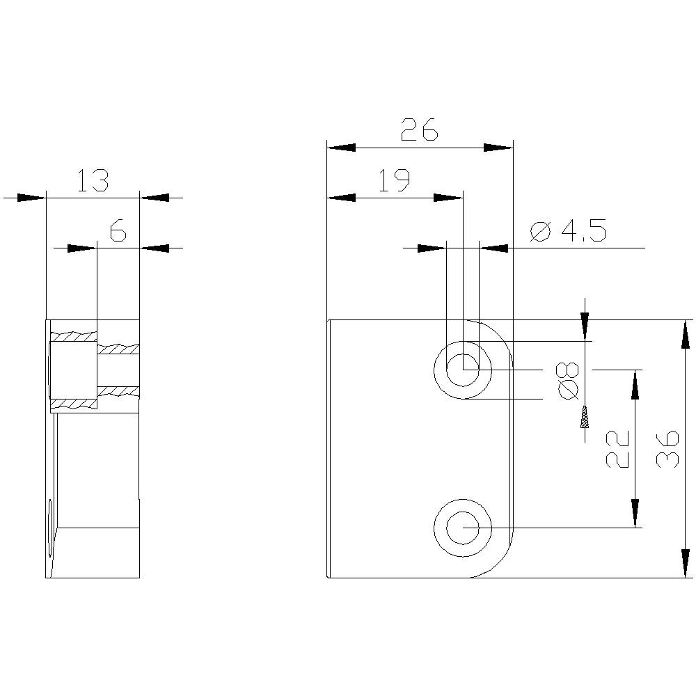 Maschinenbauteil: Zeichnung mit Maßen in Millimetern, zeigt Form und Bohrungspositionen, Gesamtbreite 26 mm, Höhe 36 mm.