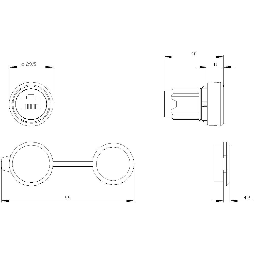 Technische Zeichnung eines Rj45-Netzwerkanschlusses mit genauen Maßen. Zeigt Seiten- und Rückansicht für präzise Installation.