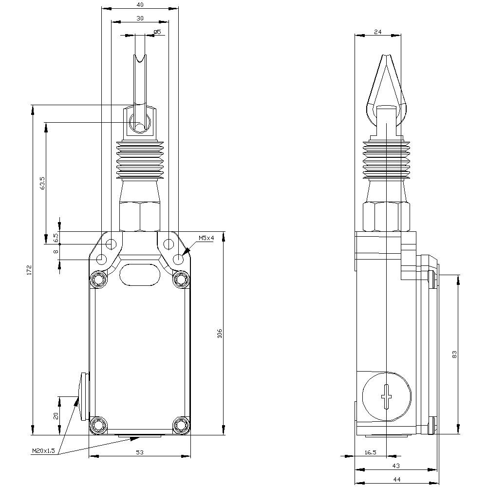 Technische Zeichnung eines mechanischen Schalters mit Abmessungen in Millimetern. Zeigt Vorder- und Seitenansicht mit Detailmaßen.