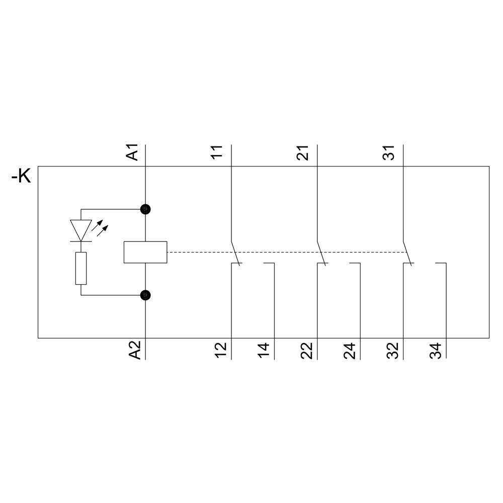 'Relais mit Leuchtdiode' im Schaltplan: A1 und A2 sind Spulenanschlüsse, 11/12, 21/22, 31/32 sind Schaltkontakte.