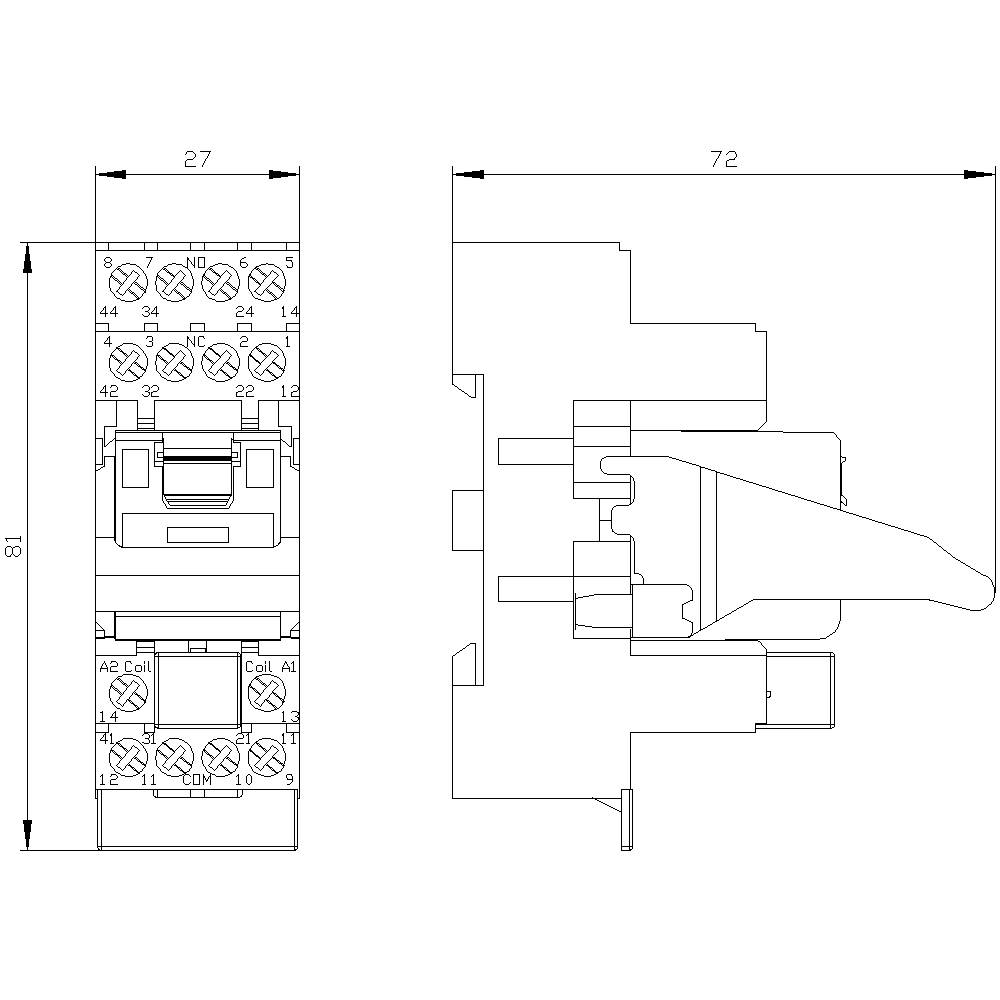 Technische Zeichnung eines elektrischen Schützes mit seitlicher und frontaler Ansicht. Abmessungen sind 27mm x 81mm x 72mm.