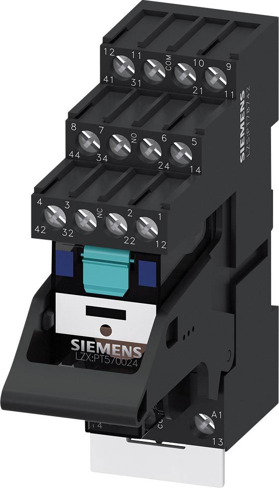Ein schwarzes Siemens-Schaltungsmodul mit mehreren Anschlussklemmen oben und einem blau-türkisen Hebel in der Mitte.