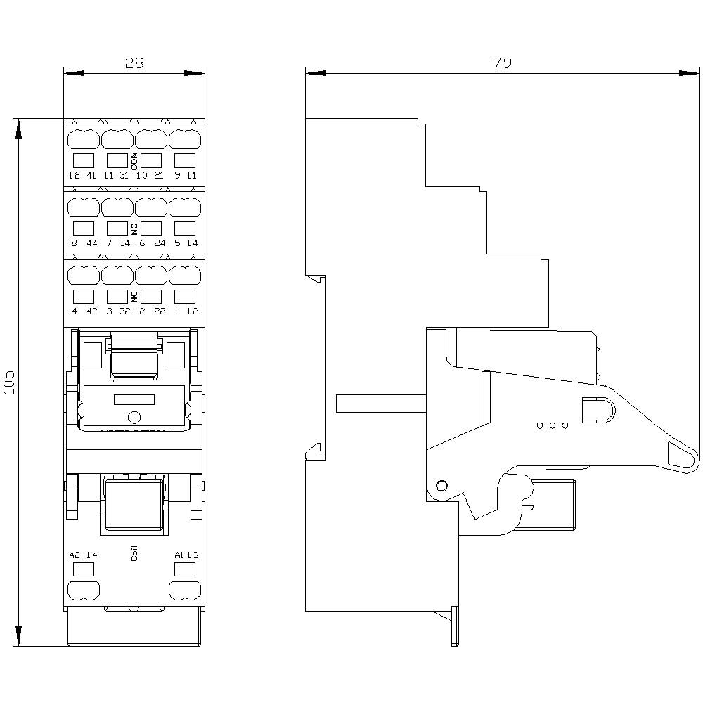 Bauplan eines elektrischen Relais: Frontansicht zeigt nummerierte Anschlüsse; Seitenansicht mit Befestigungsmechanismus. Maße: 28x79x105 mm.