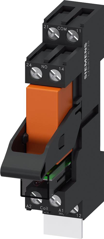 Schütz-Zubehör mit orangem Plastikmodul und schwarzen Klemmen, dargestellt in perspektivischer Ansicht. Dies verdeutlicht die Verbindungselemente und deren Anordnung.